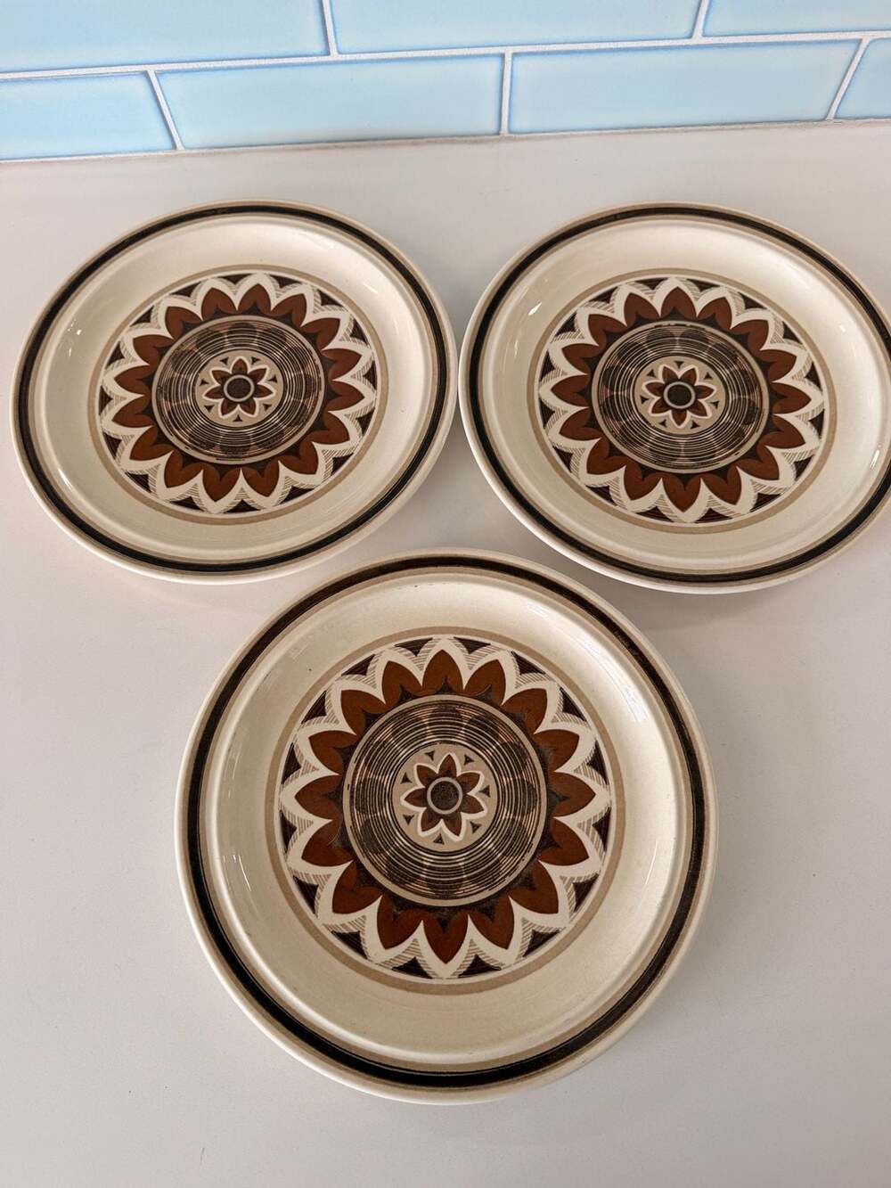 Set of 3 Vintage Royal China Aztec Omegastone 10.5 inch Dinner Plates